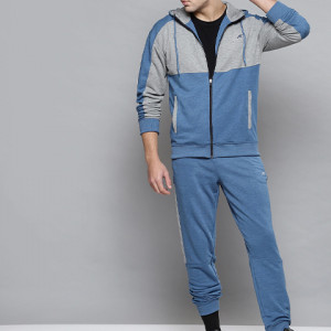 Men Blue & Grey Melange Colourblocked Sports Tracksuit